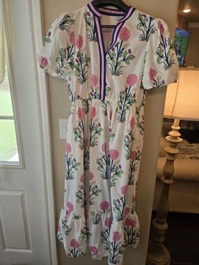 Floral Pink, blue & Green Midi Dress on White